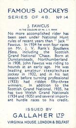 1936 Gallaher Famous Jockeys #14 Jack Fawcus Back